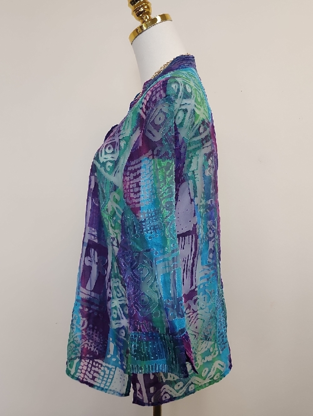 Notations Sheer Abstract Print Button Front Blouse Teal Purple Size Large - Picture 2 of 6